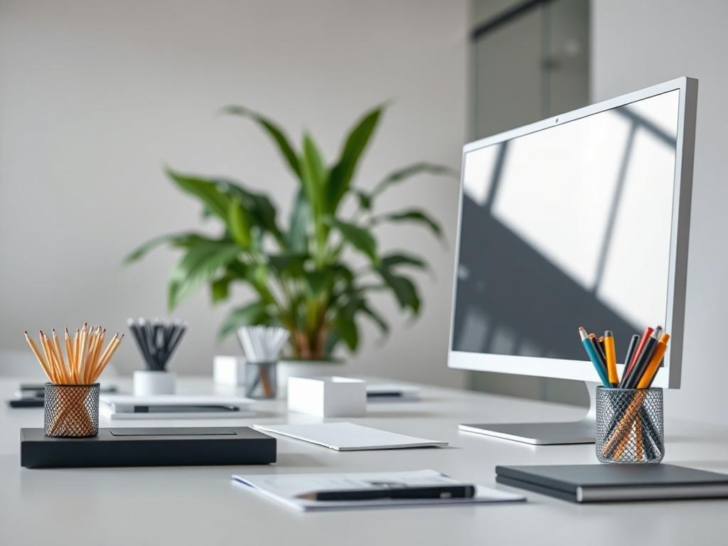 A hyper realistic close up shot of a pristine office