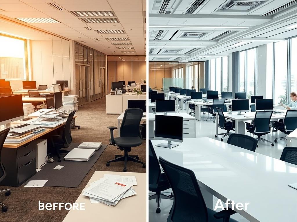 A before and after shot of a modern office space. The 'before' side shows cluttered desks with scattered papers and uncleaned surfaces. The 'after' side displays a pristine office with organized desks, clean surfaces, and bright, inviting lighting. The composition highlights the contrast between the two conditions, showcasing the effectiveness of professional cleaning. The background features glass partitions and stylish office furniture, with a warm color palette that enhances the cleanliness.