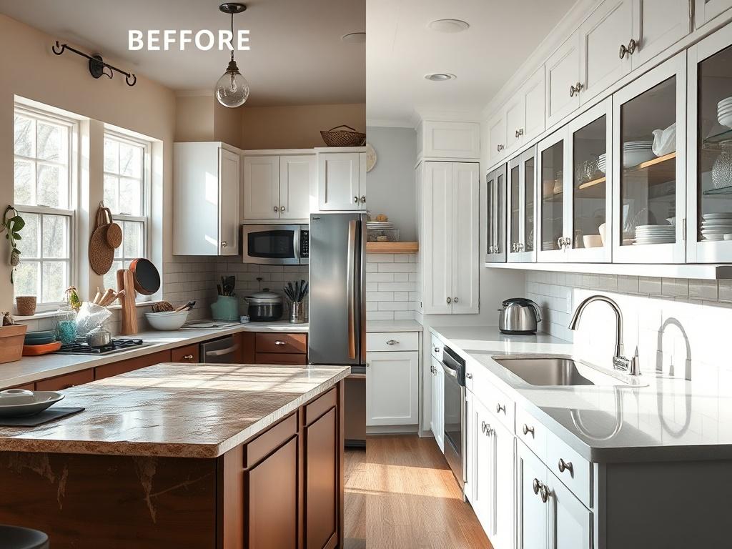 A stunning before and after image of a residential kitchen. The 'before' side shows greasy countertops, dirty dishes, and cluttered cabinets. The 'after' side reveals a sparkling clean kitchen with gleaming countertops, organized cabinets, and shining appliances. The composition focuses on the kitchen island and the sink area, emphasizing the dramatic difference in cleanliness. The lighting is bright and cheerful, making the kitchen look welcoming and fresh.