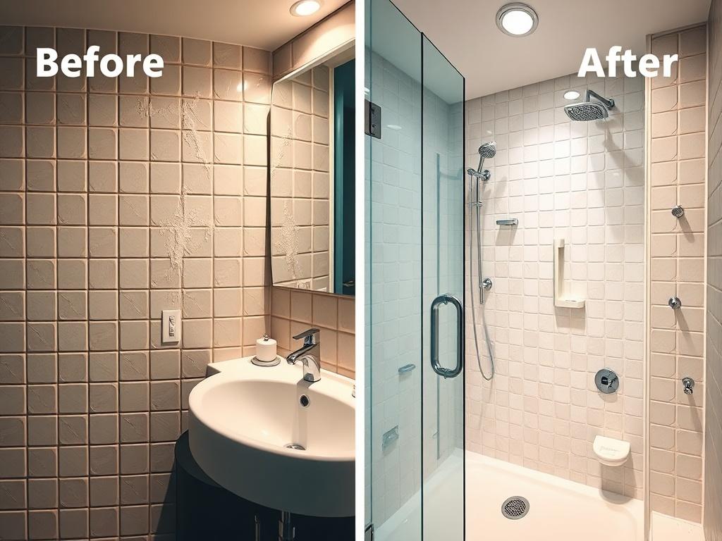 A compelling before and after display of a bathroom. The 'before' side shows dull tiles, a messy countertop, and soap scum on the shower glass. The 'after' side showcases a beautifully cleaned bathroom with gleaming tiles, a spotless countertop, and crystal-clear shower glass. The composition focuses on the sink area and shower, highlighting the transformation. Soft lighting enhances the inviting atmosphere, making the bathroom look serene and fresh.