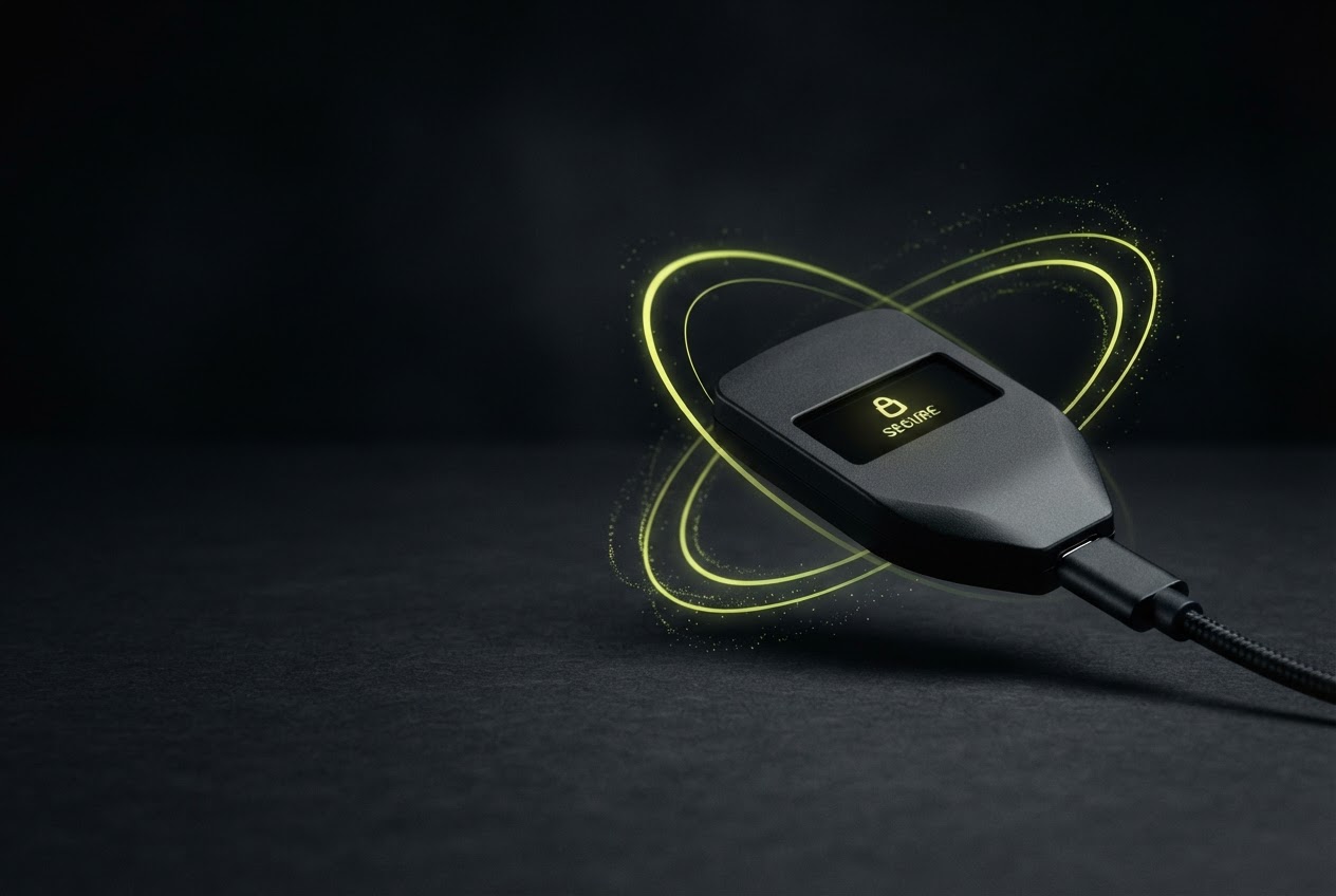 A Trezor hardware wallet on a dark, atmospheric backdrop