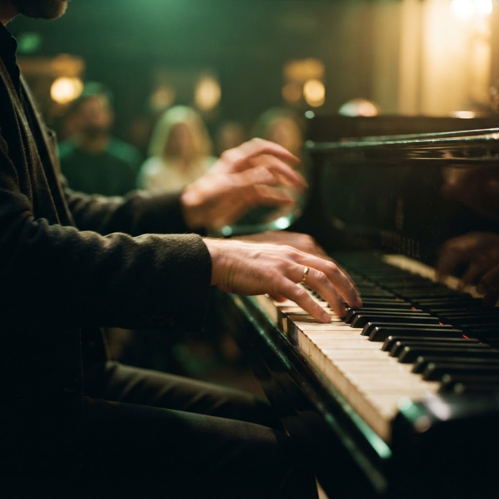 Pianist's hands moving over the keys during a performance