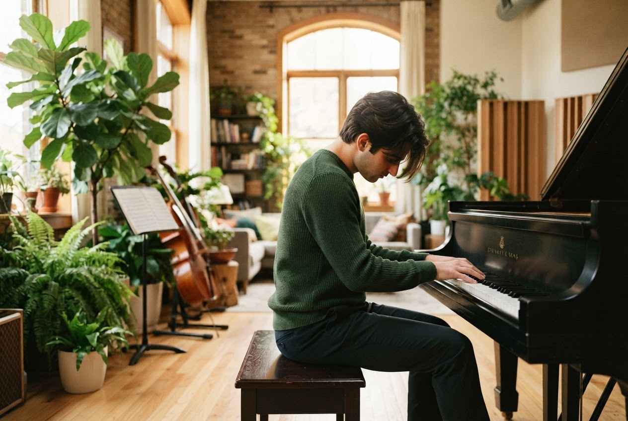 A musician exploring piano and modern sound in a sunlit studio