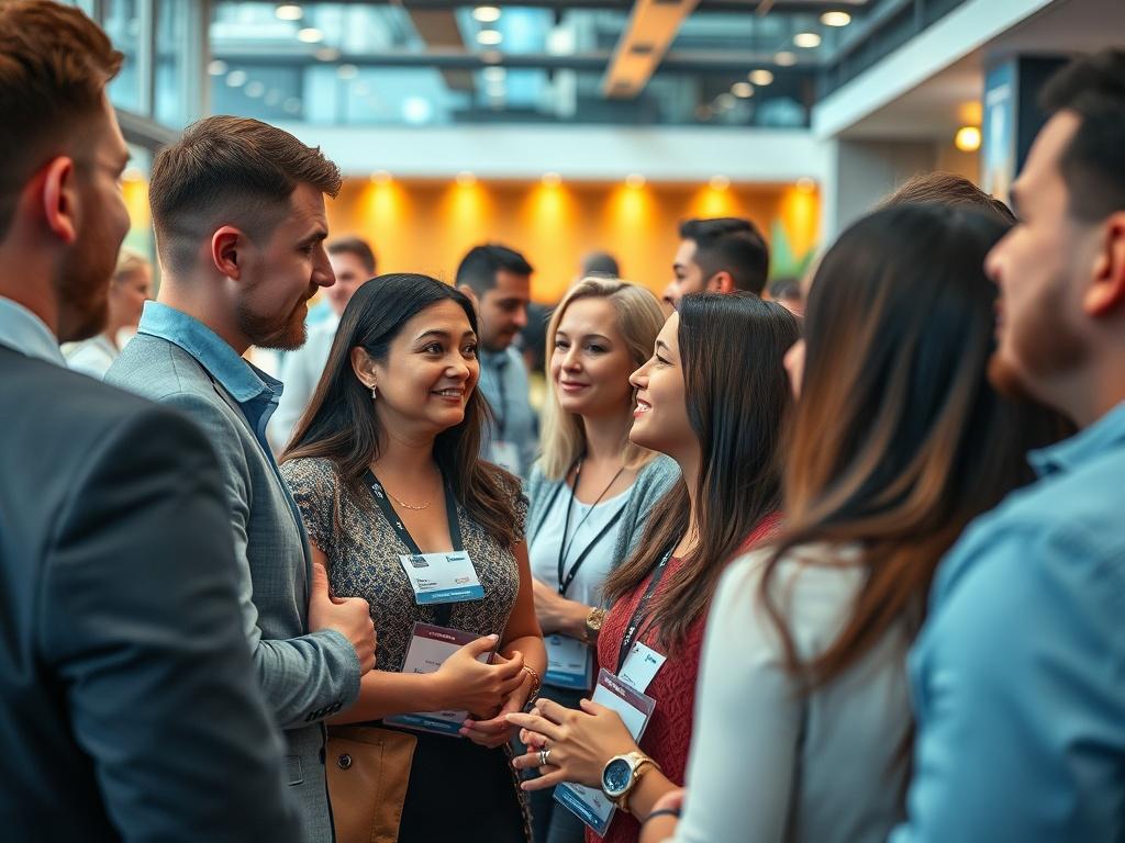 A vibrant scene of a networking event in a stylish venue, featuring professionals mingling and exchanging ideas. The image captures animated conversations among diverse individuals, with name tags visible. The background includes modern decor and a welcoming atmosphere, emphasizing collaboration and connection.