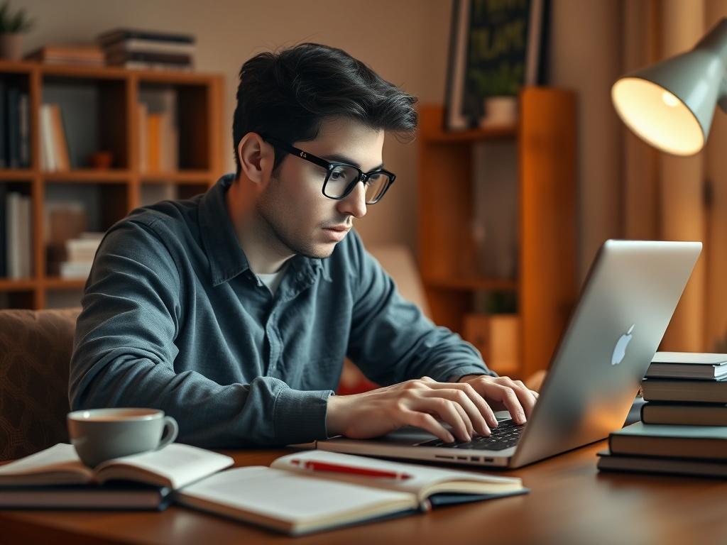 A high-resolution image featuring a focused individual studying on a laptop at a cozy home workspace. The workspace is well-lit and organized, with real estate books and notes scattered around. The person is deeply engaged in an online course, showcasing the comfort of learning from home. The background is warm and inviting.