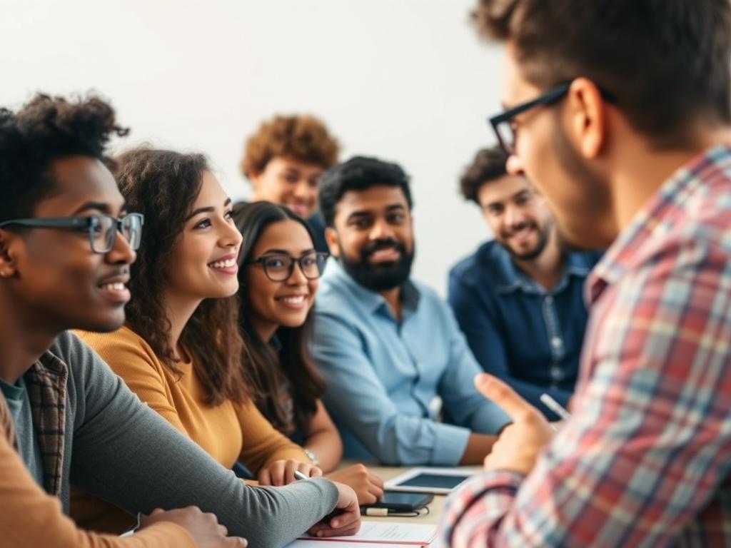 A close-up shot of a diverse group of students engaged in a lively classroom discussion about real estate. The scene showcases a modern classroom setting with bright, natural light. The focus is on eager faces, with a teacher at the front explaining concepts on a whiteboard. The background is simple, emphasizing the engaging learning environment.