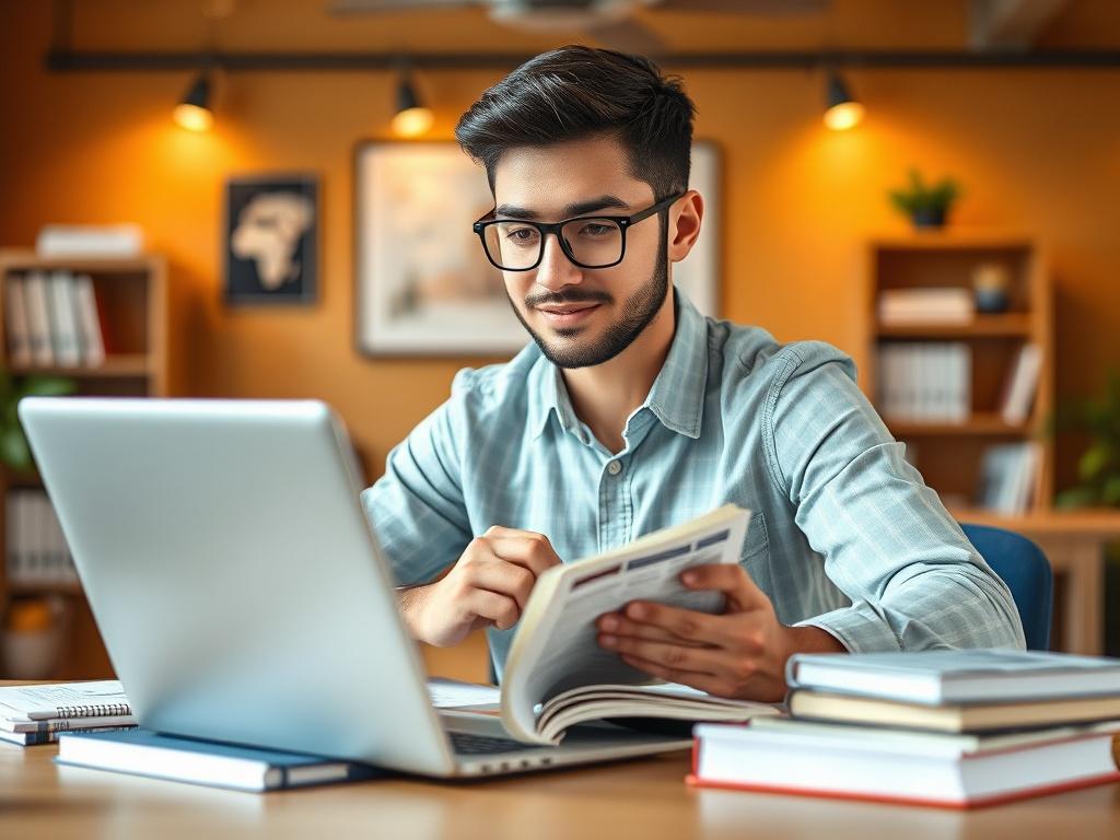 A focused shot of a confident student studying real estate materials at a desk, showcasing books and a laptop, with a warm, inviting background that inspires learning.