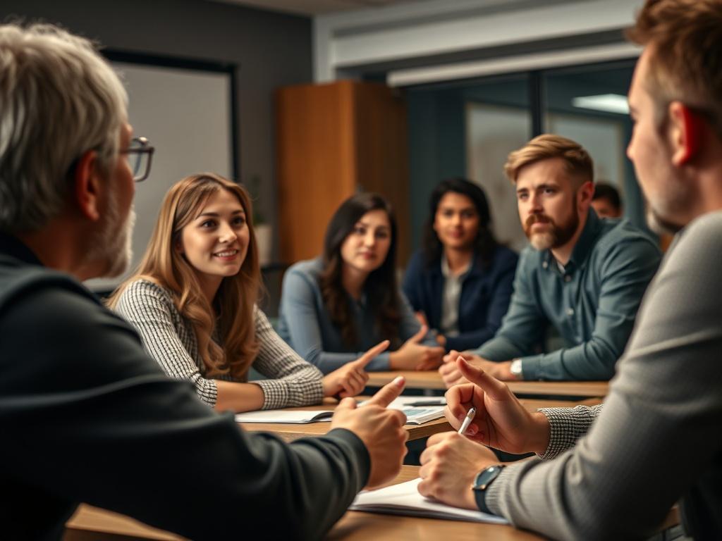 A close-up image of an engaging instructor leading a real estate class, with students actively participating, highlighting the dynamic and interactive learning environment.
