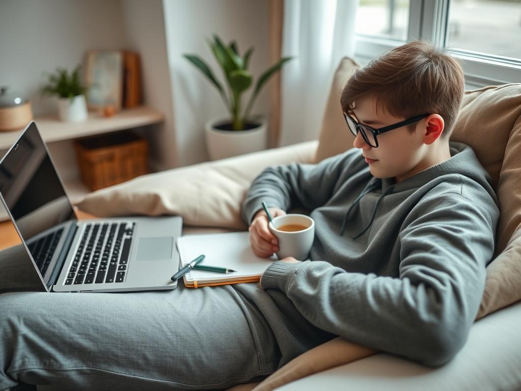 A cozy scene of a student studying real estate online from home, with a laptop, notepad, and a cup of coffee, conveying the comfort of flexible learning.