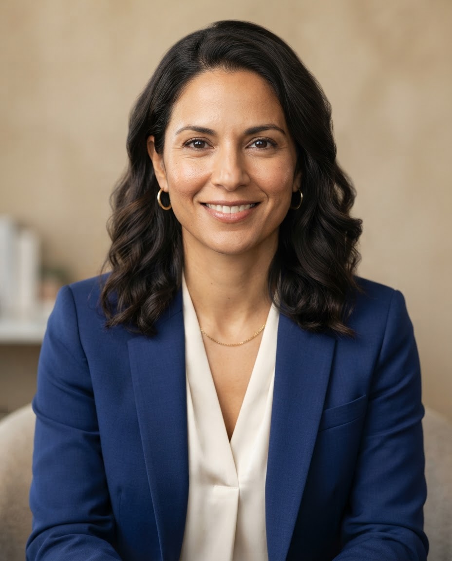 Maya Ellison, security operations director with dark shoulder-length hair in a cobalt blazer