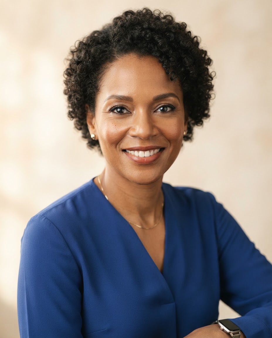 Elise Morgan, client strategist with short natural curls and a cobalt blouse