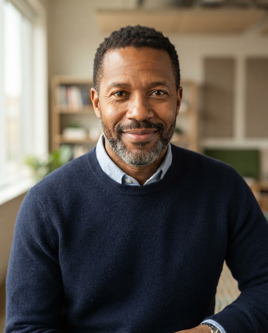 Colin Mercer, identity architect with close-cropped hair and a navy sweater