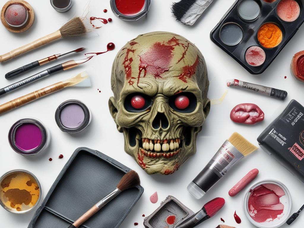 a flat lay of a zombie makeup kit including face paints, fake wounds, and brushes on a clean white background, showcasing each item clearly, photorealistic detail, vibrant colors