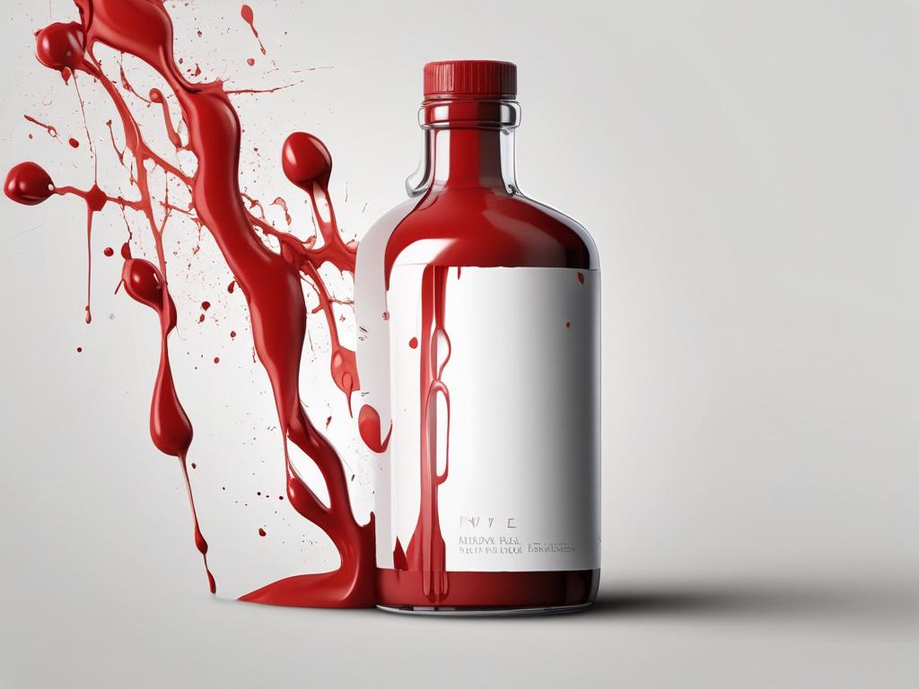 realistic high-resolution image of Professional FX Blood in a clear bottle, placed on a minimalist white background, showcasing its rich, deep red color and glossy texture.