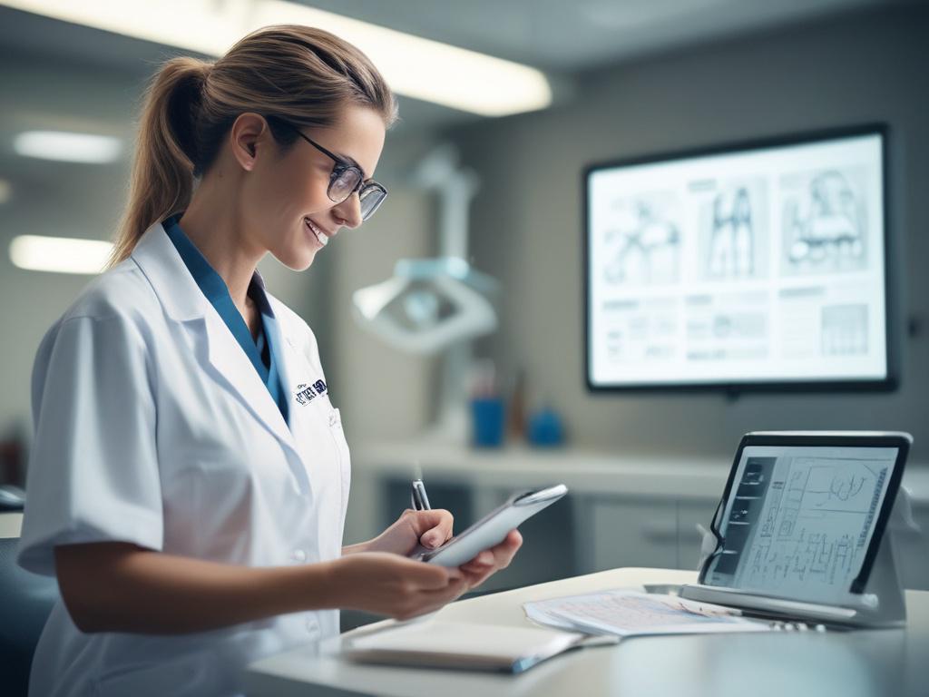 A close up shot of a dental office manager reviewing
