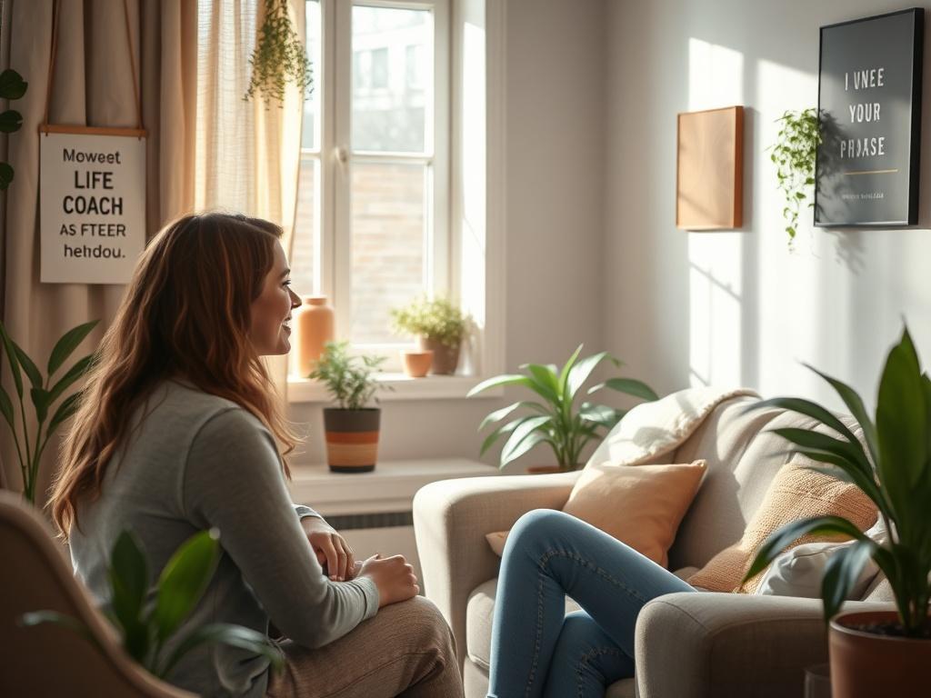 A serene and inviting coaching session setting, featuring a young