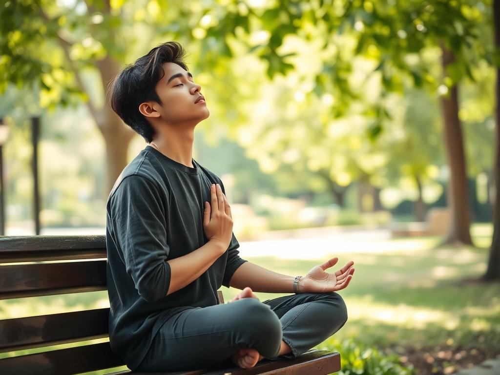 A young adult practicing mindfulness in a tranquil park setting,