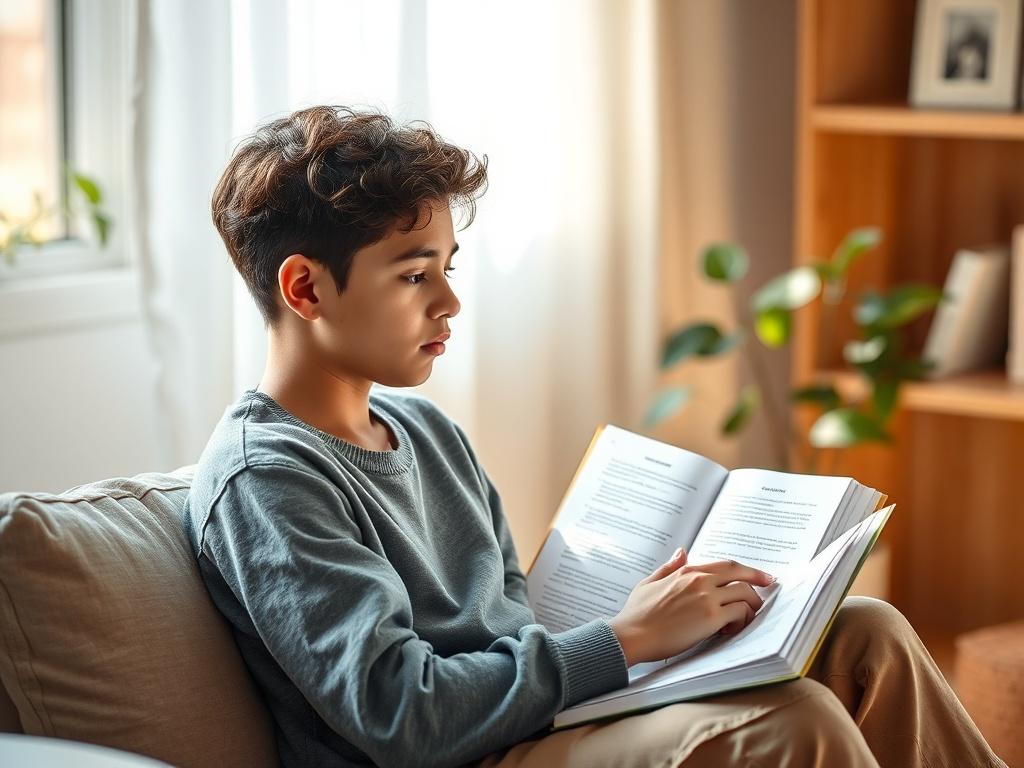 A young person sitting in a comfortable, well lit room,
