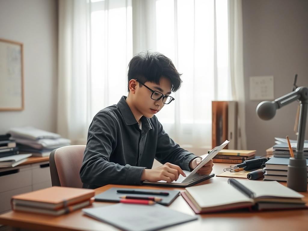 A young scholar working diligently at a desk, surrounded by