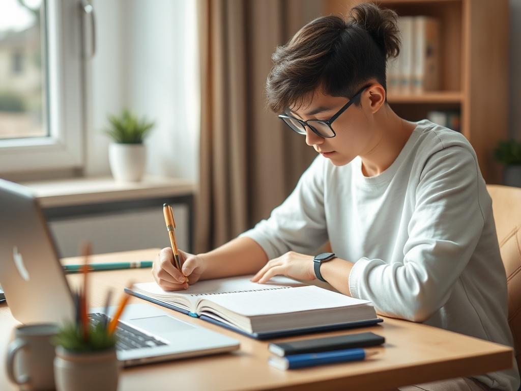 A focused student sitting at a desk, writing in a