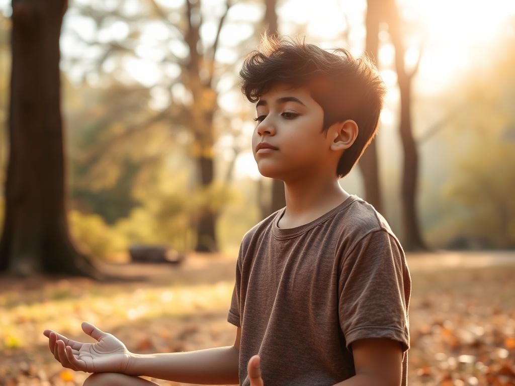 A young person practicing mindfulness in a serene outdoor setting,