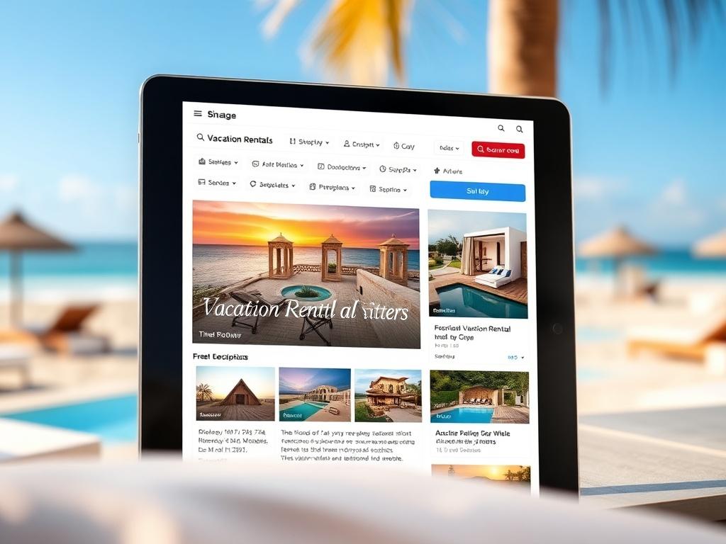 A close-up shot of a beautifully designed vacation rental property listing on a tablet, featuring vibrant images and detailed descriptions. The background should be a serene beach setting to complement the theme.
