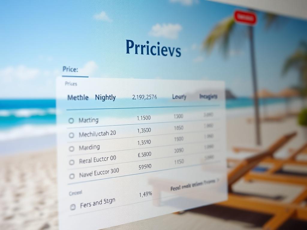 A close-up shot of a pricing breakdown displayed on a website, clearly showing nightly rates and fees for a beach rental. The background should feature a relaxed beach atmosphere, inviting users to explore.