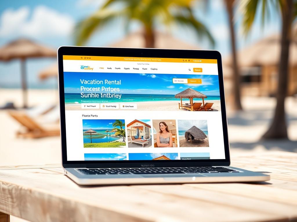 A close-up shot of a laptop showing a user-friendly vacation rental booking website interface, with colorful images of beach properties. The background should depict a sunny beach scene, creating a vibrant and inviting atmosphere.
