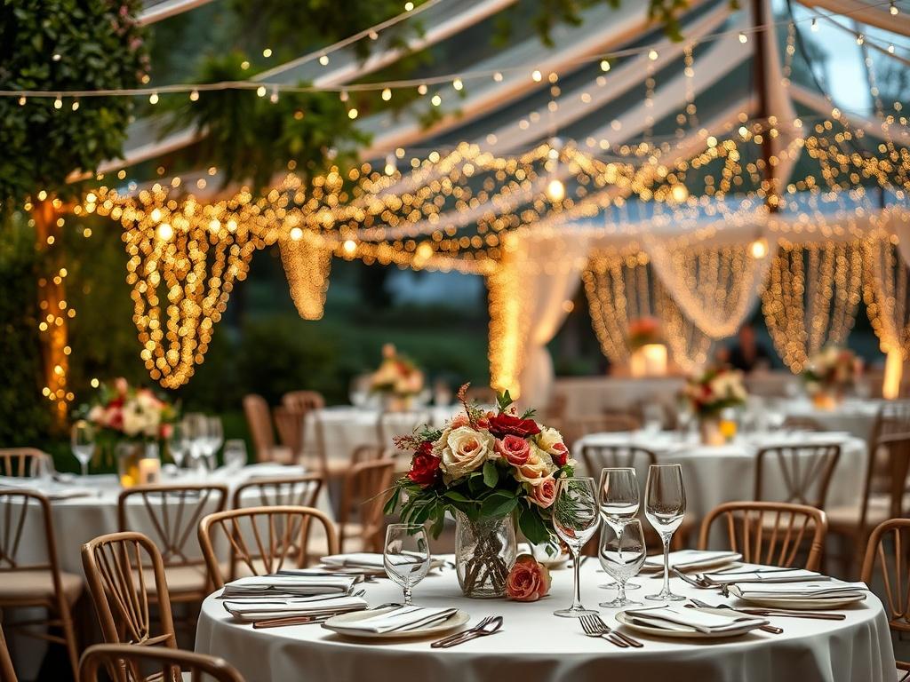 A luxurious event setting in a beautifully decorated outdoor space, featuring elegant tables set with fine china and crystal glassware. In the background, lush greenery and fairy lights create a magical atmosphere. The focus is on a single beautifully arranged table with floral centerpieces and ambient lighting, showcasing an inviting and sophisticated ambiance for a memorable gathering.
