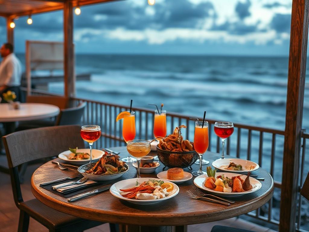 A scenic view of a beautifully set dining table on an oceanfront patio. The table is adorned with delicious seafood dishes, colorful drinks, and sunset lighting. The ocean waves add to the serene ambiance, inviting guests to enjoy a meal.