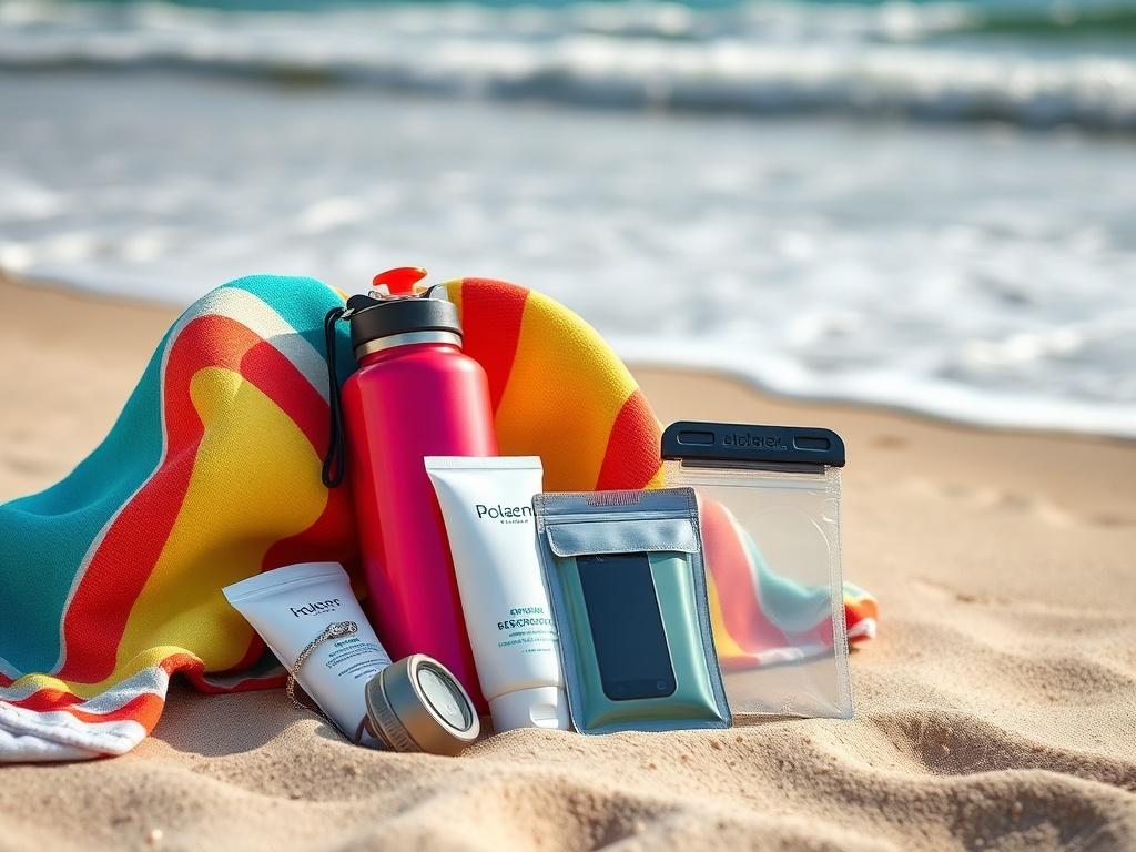 A vibrant beach essentials kit displayed on a sandy beach. The kit includes a colorful beach towel, a reusable water bottle, sunscreen, and a waterproof phone pouch. The ocean waves gently lap the shore in the background, creating a summery atmosphere.