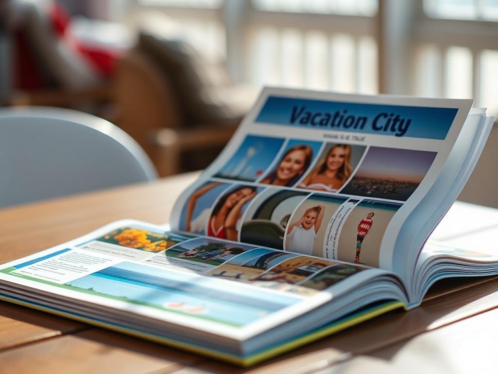A close-up shot of an open vacation guide, showcasing vibrant pages with images of Ocean City, NJ. The guide is placed on a wooden table, with sunlight streaming in, highlighting the colorful content. The background is softly blurred, suggesting a cozy beachside setting.