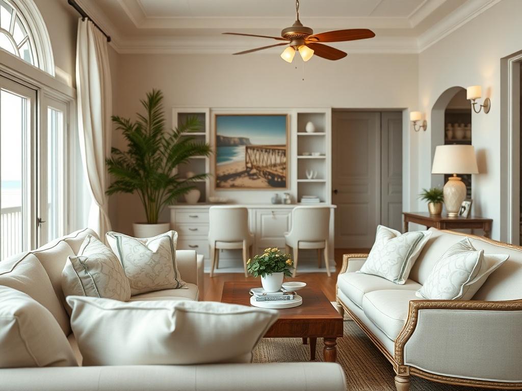 A close-up shot of a beautifully decorated vacation rental property living room, showcasing elegant furnishings and inviting ambiance. The room should be well-lit, with soft natural light coming through a window, highlighting the details of the decor. The image should be taken with a 45mm f/1.2 lens to achieve a shallow depth of field, focusing on a cozy seating area with beach-themed accents. The background should subtly hint at a coastal environment, with soft colors that reflect a relaxed beach vibe.