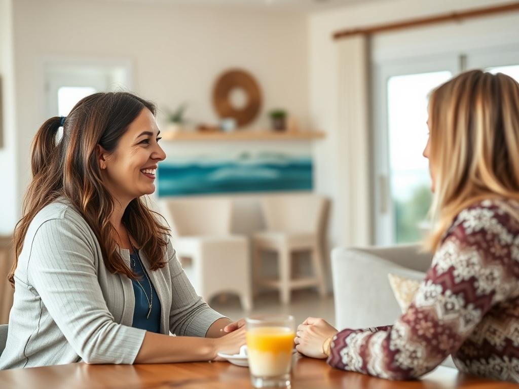 A serene image of a friendly property manager engaged in a conversation with a guest, set in a welcoming vacation rental environment. The setting should convey warmth and hospitality, with beach-themed decor in the background. The focus should be on the interaction, capturing the essence of attentive guest communication. The image should be shot with a 45mm f/1.2 lens, ensuring a soft focus on the background while highlighting the expressions of both the manager and the guest.