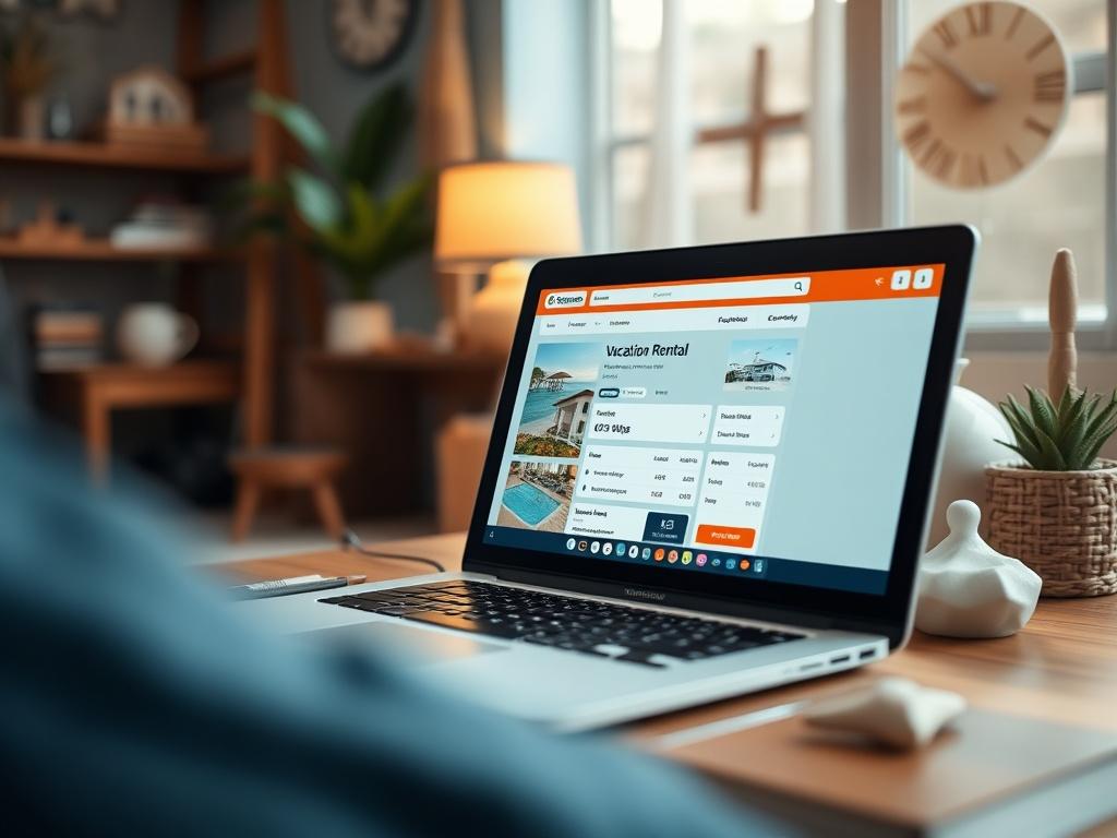 A high-resolution image of a modern, user-friendly booking interface displayed on a laptop screen. The screen should show an attractive vacation rental listing with clear availability, rates, and amenities. The background should feature a cozy workspace with beach decor elements, creating a relaxed and inviting atmosphere. The image should be taken with a 45mm f/1.2 lens, focusing on the screen while gently blurring the background, emphasizing the ease of use of the booking interface.