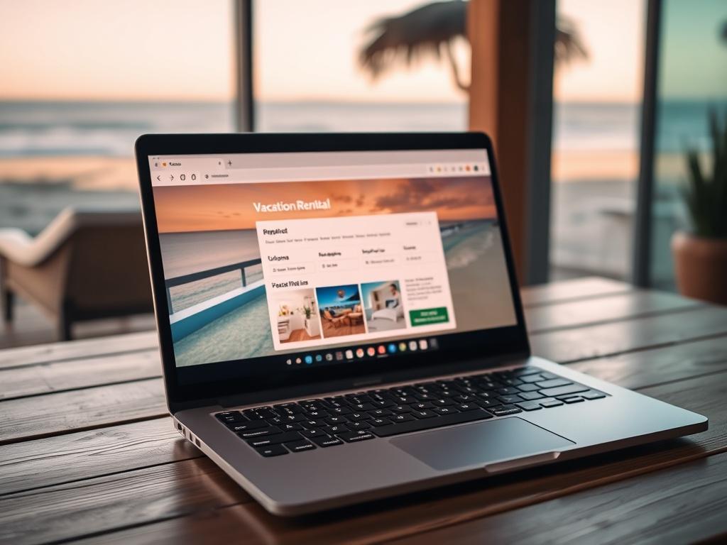 A close-up shot of a laptop displaying a vacation rental booking website on the screen, with a beach and ocean in the background. The laptop is on a wooden table, with a warm, inviting atmosphere. The focus is on the laptop, capturing the details of the booking interface. The lighting is soft and natural, emphasizing the coastal vibe.