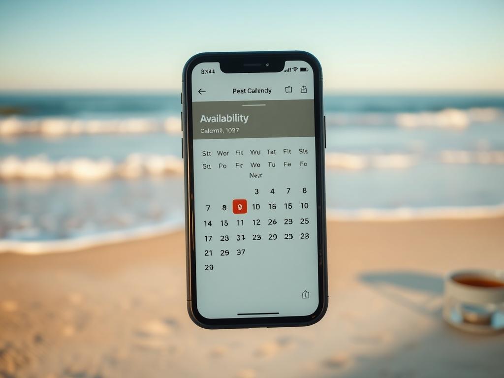 A close-up shot of a smartphone displaying a property availability calendar with highlighted dates. The background features a beautiful beach scene with gentle waves and a clear sky. The focus is on the smartphone, showcasing the availability features, with soft and inviting lighting.