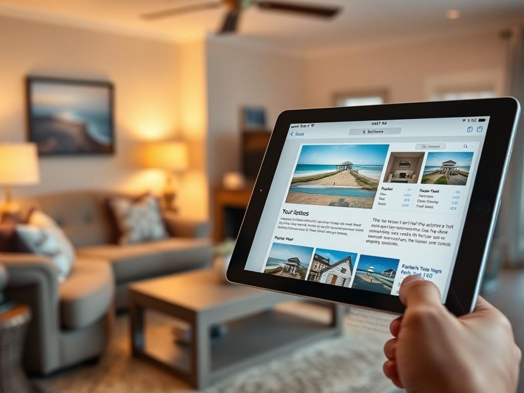 A close-up shot of a tablet showcasing a detailed vacation rental listing with images and descriptions. The background features a cozy living room with beach-themed decor. The focus is on the tablet, highlighting the property details, with warm and welcoming lighting.