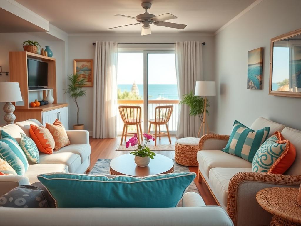 A vibrant close-up shot of a beautifully staged vacation rental property. The image showcases a well-decorated living room with beachy colors and textures, capturing the essence of a vacation getaway. Soft natural light filters through a window, creating an inviting atmosphere.