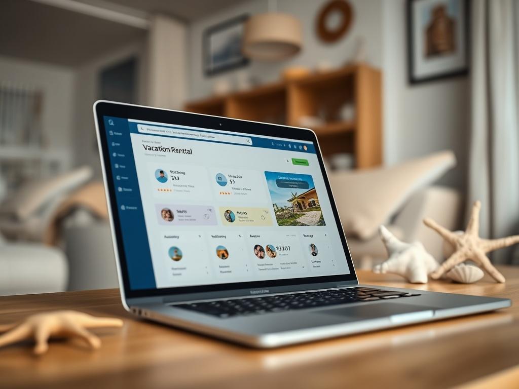 A close-up shot of a laptop displaying a vacation rental management dashboard. The screen shows a user-friendly interface with highlighted availability and booking options. The background features a cozy home setting with beach-themed decor, such as seashells and driftwood, enhancing the vacation vibe.