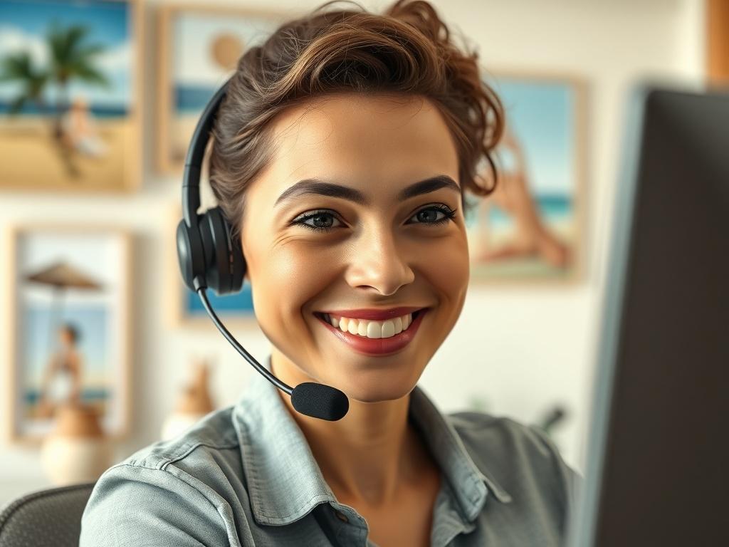 A close-up shot of a friendly customer service representative on a headset, smiling as they assist a guest. The background features a home office setup with beach-themed art and decor, creating a warm and welcoming environment.