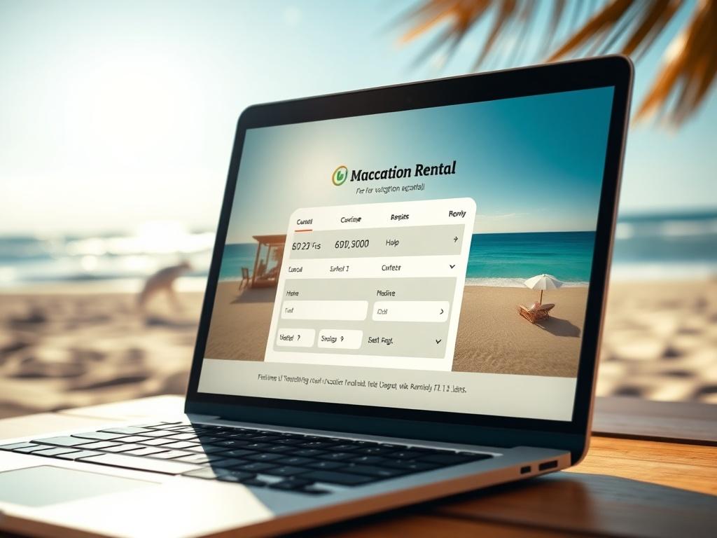 A close-up shot of a laptop displaying a user-friendly vacation rental booking interface, with a beach scene in the background featuring sun, sand, and ocean waves, shot with a 45mm f/1.2 lens.