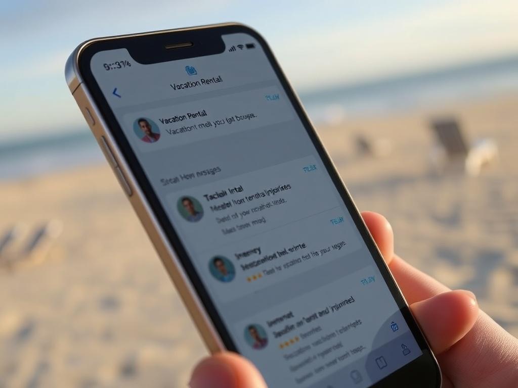 A realistic close-up of a smartphone displaying a messaging app with vacation rental inquiries and responses, set against a backdrop of Ocean City beach, captured with a 45mm f/1.2 lens.