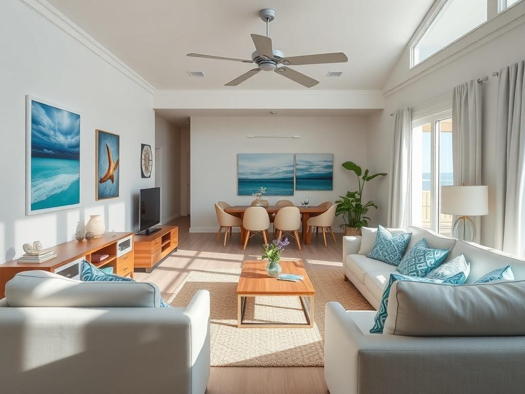 A high-resolution image of a beautifully staged vacation rental interior, showcasing modern furnishings and natural light, with ocean-themed decor, taken with a 45mm f/1.2 lens.