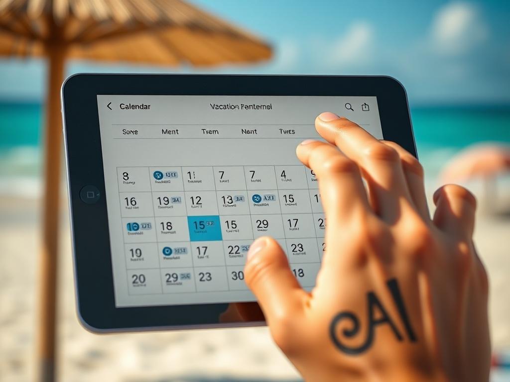 A high-resolution close-up shot of a digital calendar displaying booked dates for vacation rentals, with a hand scrolling through the calendar on a tablet. The background should be a sunny beach scene subtly blurred to evoke a vacation atmosphere.