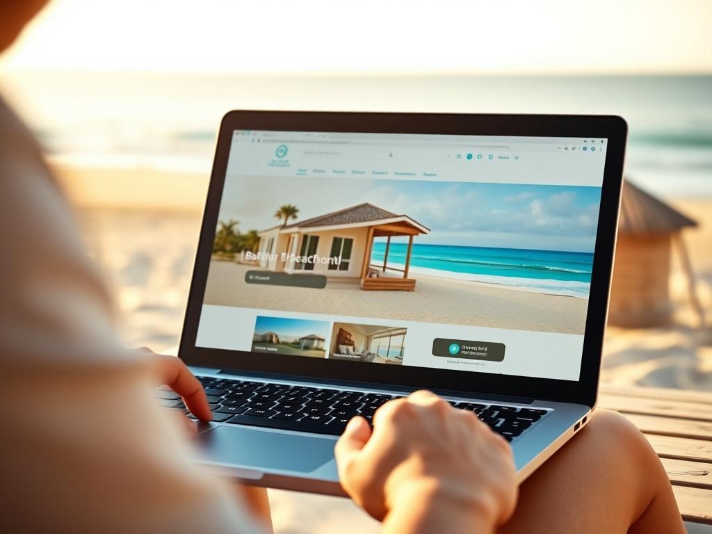 A close-up shot of a person using a laptop to book a vacation rental online, with a focus on the screen displaying a beautiful beachfront property. The background should be a soft, blurred beach setting, with warm sunlight illuminating the scene, capturing the essence of a relaxing beach vacation.