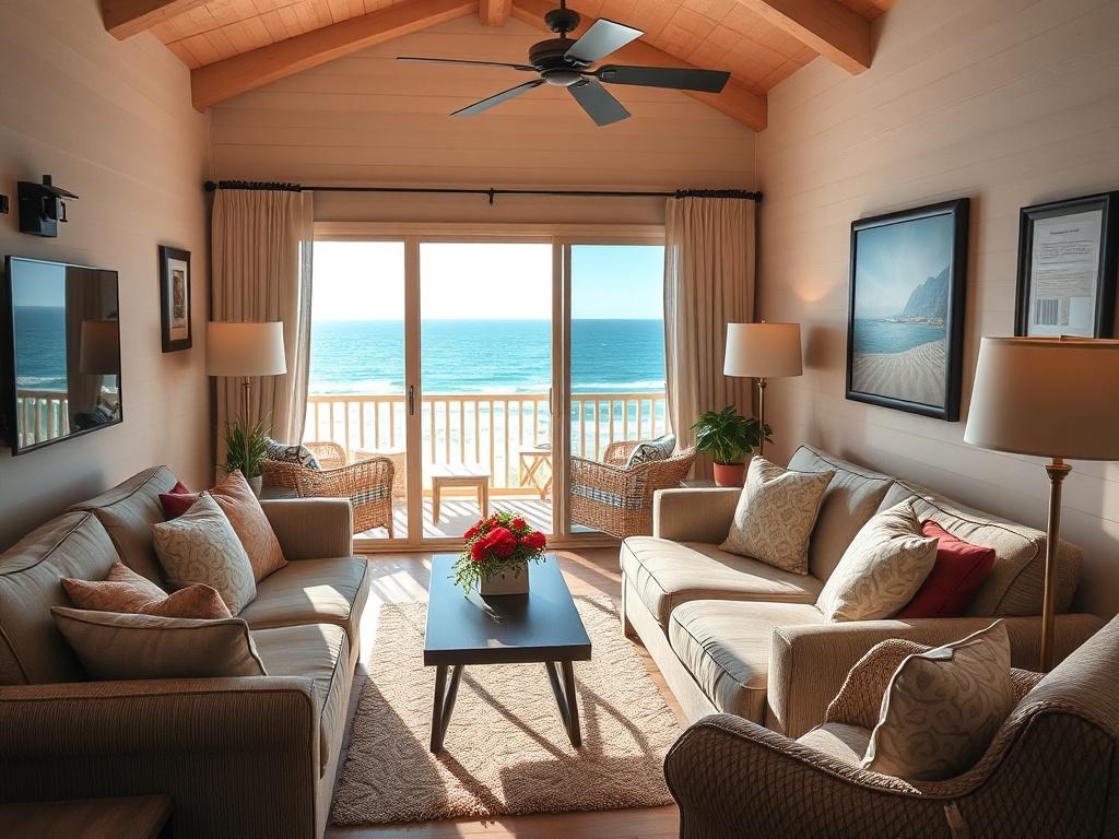 A close-up shot of a beautifully arranged vacation rental interior, highlighting cozy furnishings and decor, with a view of the ocean visible through the window. The atmosphere should be inviting, suggesting a perfect beach getaway.