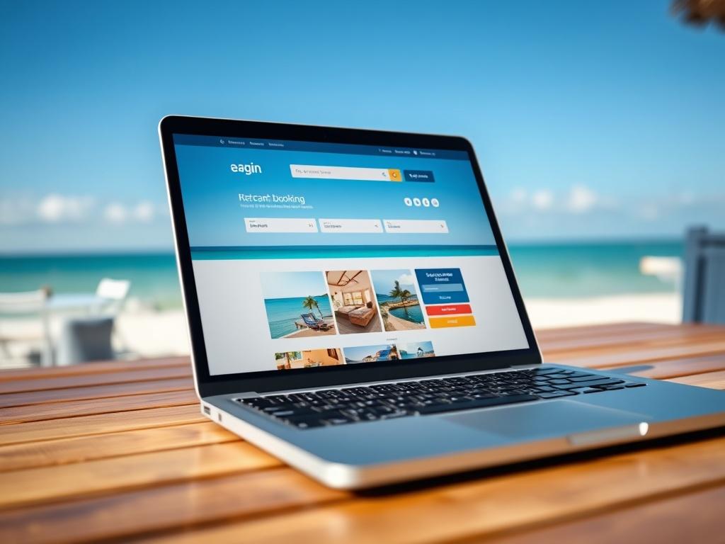 A close-up shot of a modern laptop displaying a rental booking website on the screen, with a beach setting in the background. The laptop should be on a wooden table with a clear blue sky and ocean visible in the background. The image should be bright and inviting, capturing the essence of vacation planning with a focus on technology.