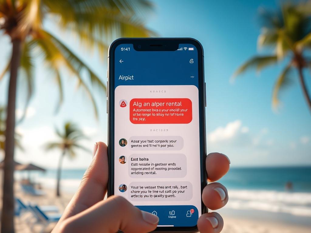 A close-up shot of a smartphone displaying a messaging app with automated rental responses. The background should feature a sunny beach scene with palm trees, creating a relaxed and inviting atmosphere. The image should suggest seamless communication and ease of access for guests, reflecting the modern approach to guest interactions.