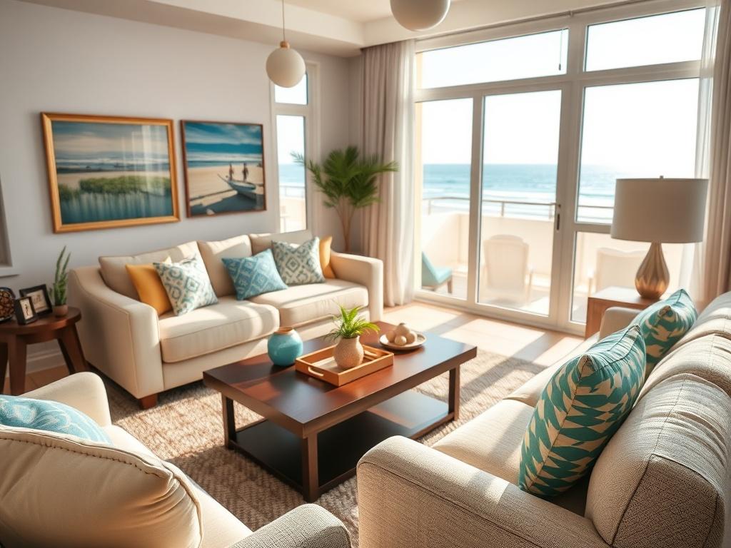 A vibrant close-up of a beautifully staged vacation rental living room, showcasing stylish decor and natural light streaming through the windows. The background should subtly include elements of the beach, like a glimpse of sand and waves through the windows, emphasizing the vacation vibe. The image should evoke warmth and comfort, inviting potential guests to envision their stay.